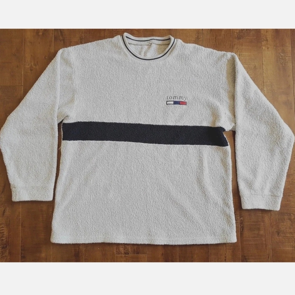 Tommy Hilfiger SOFT Terry Cloth Grey Crew Neck Pull Over Fleece Sweater Sz Large
